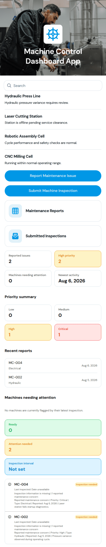 Machine Control Dashboard App Template