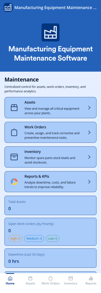Manufacturing Equipment Maintenance Software App Template