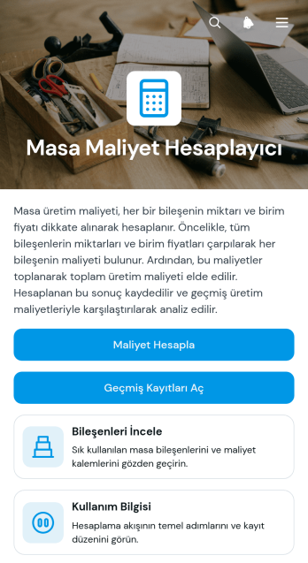 Masa Maliyeti Hesaplama Uygulama Șablonu