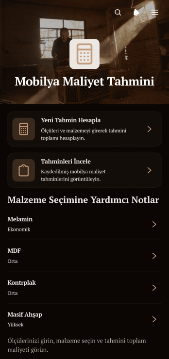 Mobilya Maliyet Tahmin Uygulama Șablonu