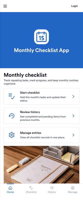 Monthly Checklist App Template