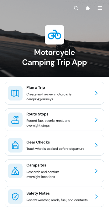 Motorcycle Camping Trip App Template