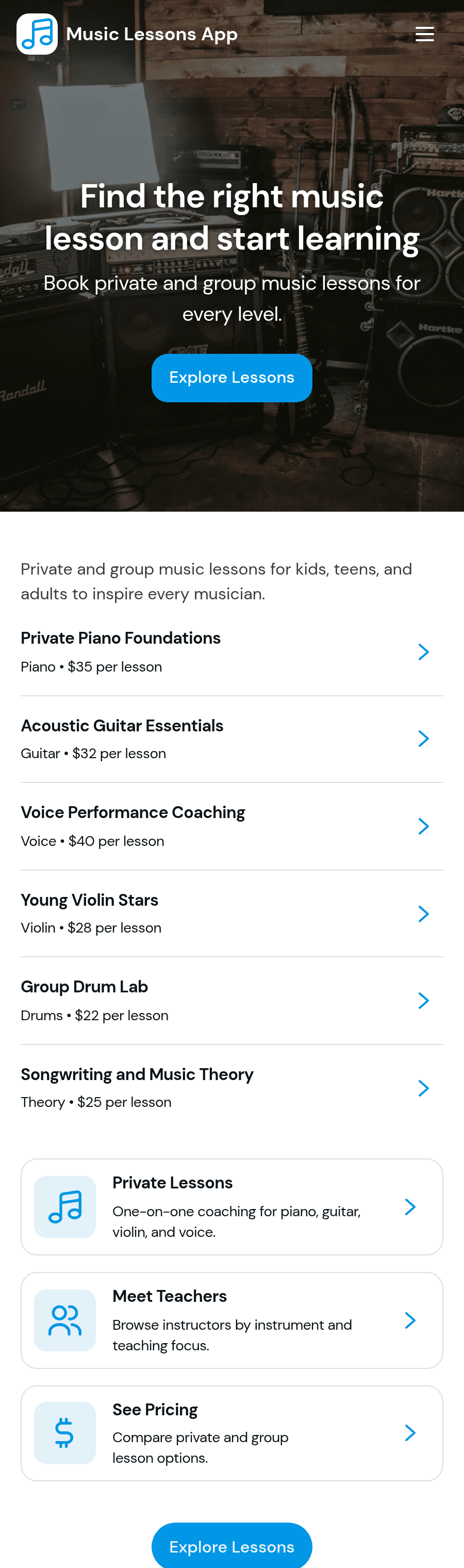 Music Lessons App Template | Jotform