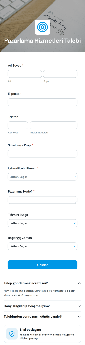 Pazarlama Hizmetleri Talep Uygulama Șablonu