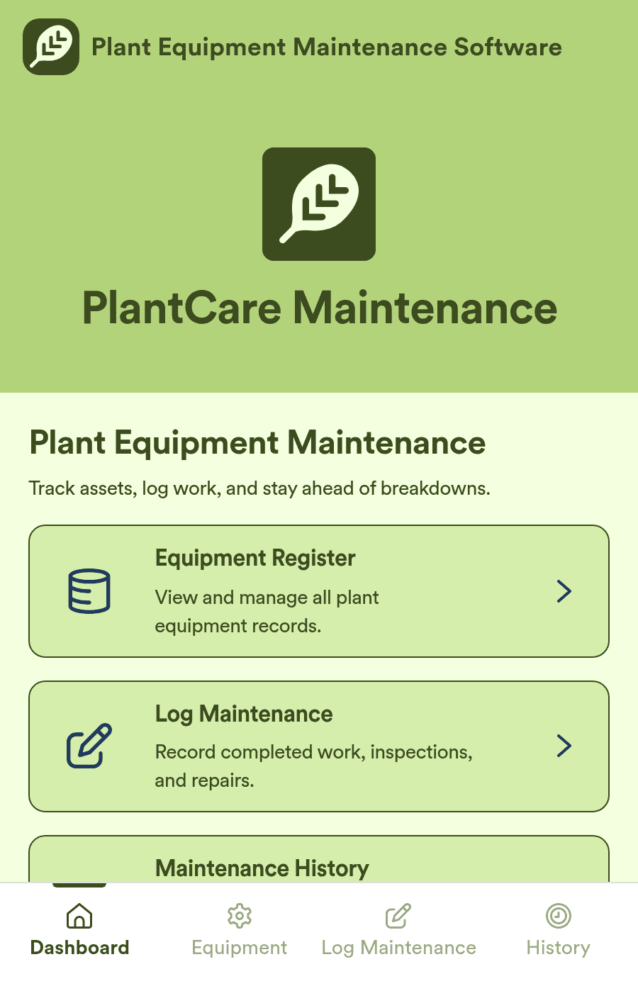 Plant Equipment Maintenance Software App Template | Jotform