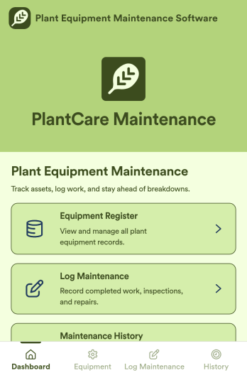Plant Equipment Maintenance Software App Template