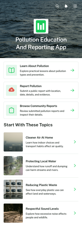 Pollution Education and Reporting App Template