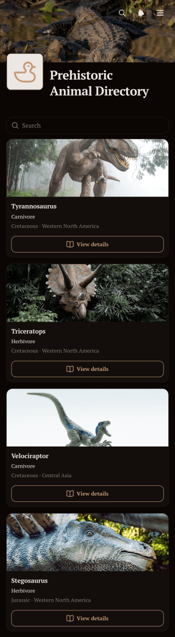 Prehistoric Animal Directory App Template