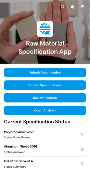 Raw Material Specification App Template