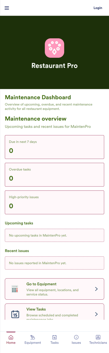 Restaurant Equipment Maintenance Software App Template