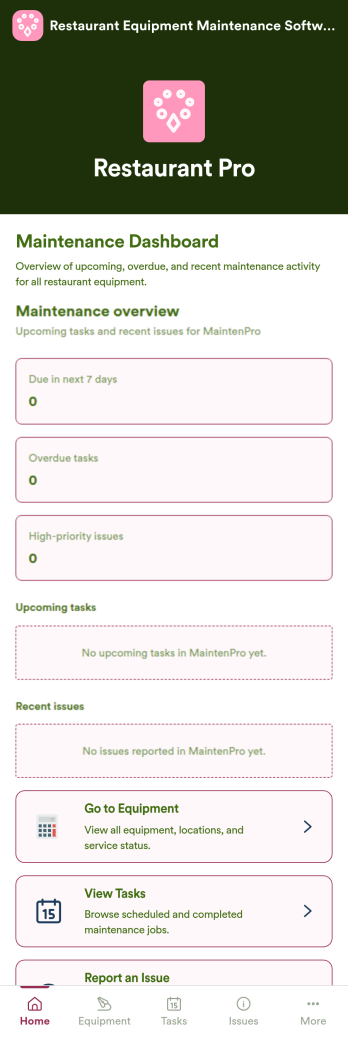 Restaurant Equipment Maintenance Software App Template