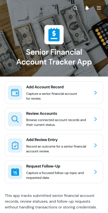Senior Financial Account Tracker App Template