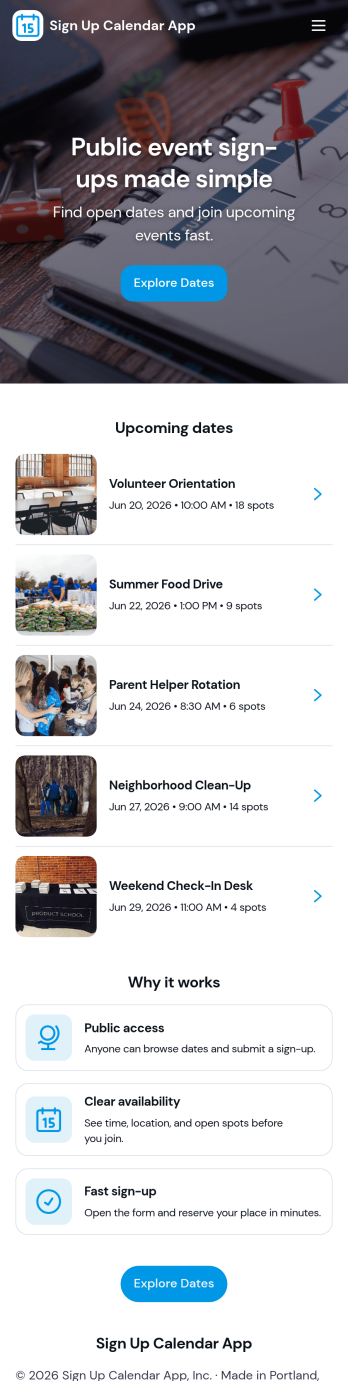 Sign Up Calendar App Template