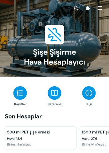 Şişe Üfleme Havası Hesaplama Uygulama Șablonu