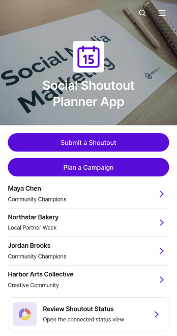 Social Shoutout Planner App Template