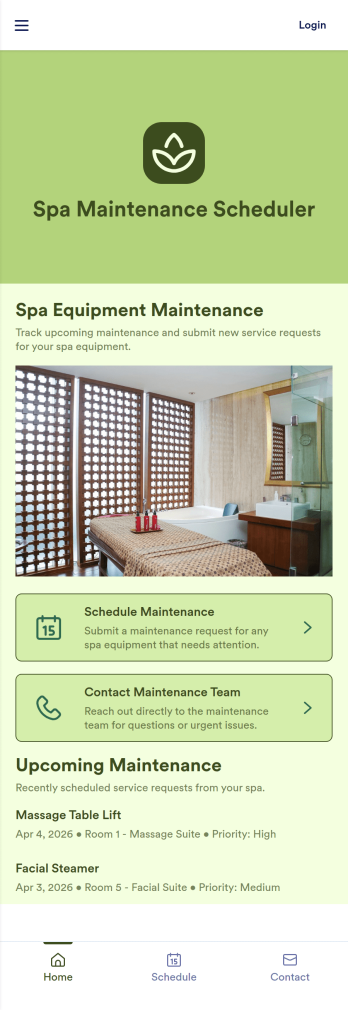 Spa Equipment Maintenance Scheduling Software App Template