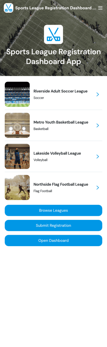 Sports League Registration Dashboard App Template