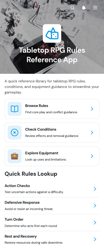 Tabletop RPG Rules Reference App Template