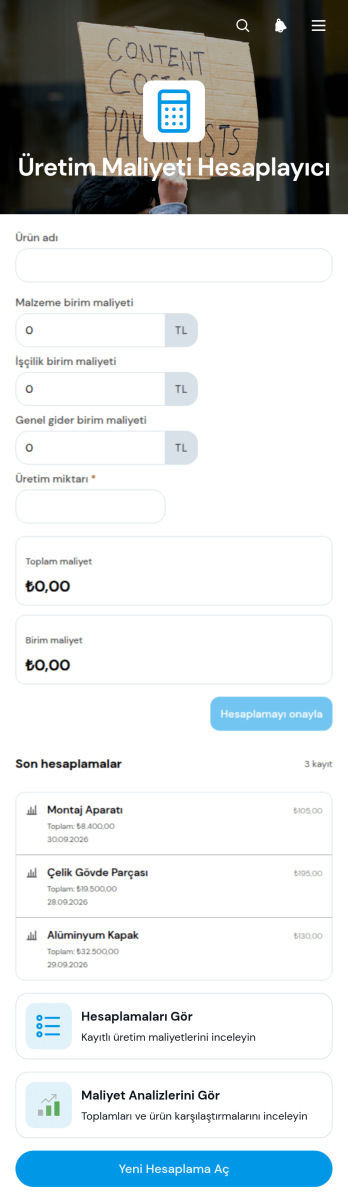 Üretim Maliyeti Hesaplama Uygulama Șablonu