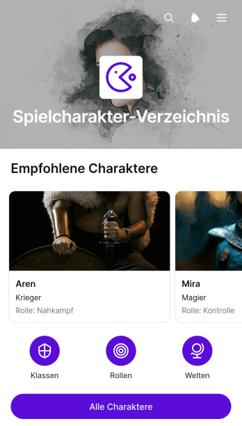 Verzeichnis-App für Spielcharaktere