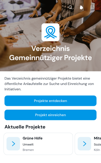 Verzeichnis-App für Wohltätigkeitsprojekte