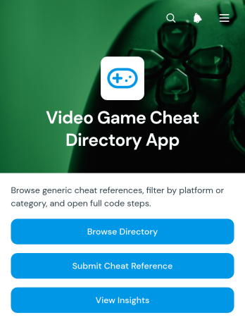 Video Game Cheat Directory App Template