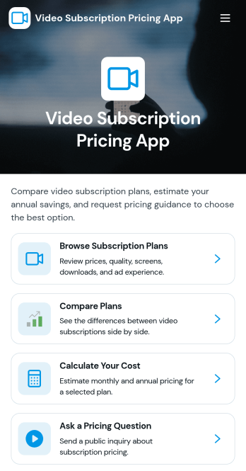 Video Subscription Pricing App Template