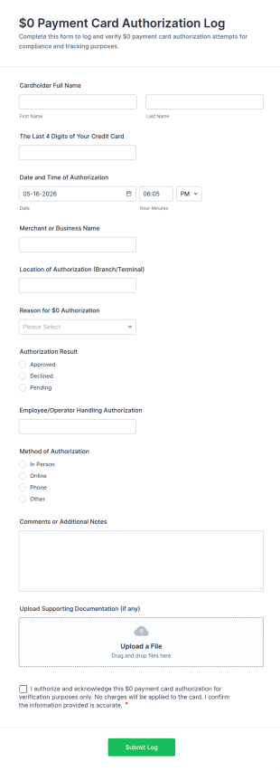 $0 Payment Card Authorization Log Form Template
