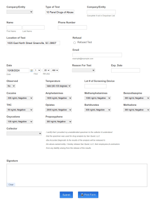 10 Panel DOA Form Template