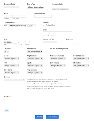 10 Panel DOA Form Template