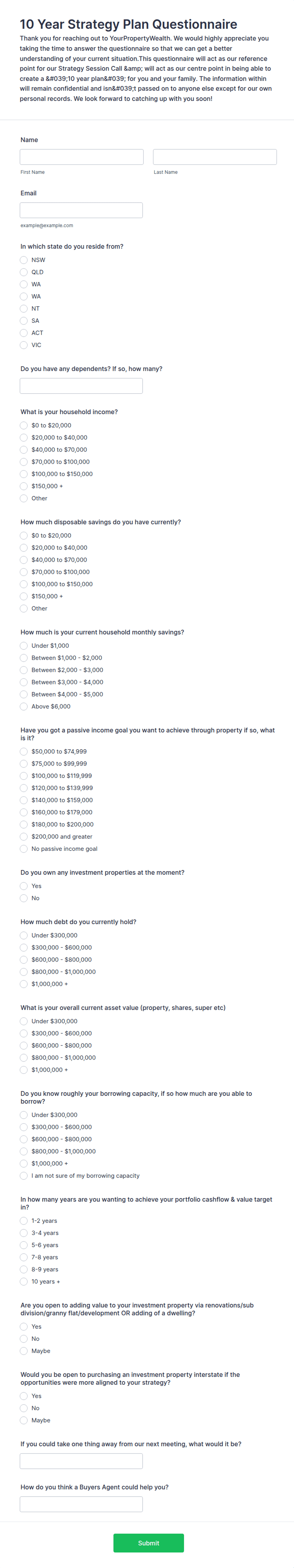 Strategy Questionnaire 10 Year Strategy Plan Questionnaire Form Template | Jotform