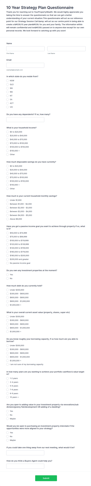10 Year Strategy Plan Questionnaire Form Template
