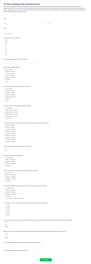 10 Year Strategy Plan Questionnaire Form Template