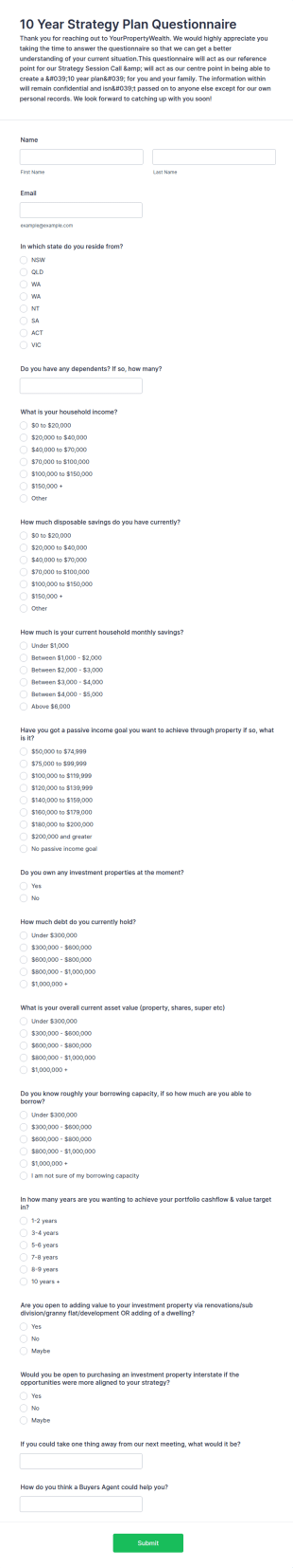 10 Year Strategy Plan Questionnaire Form Template