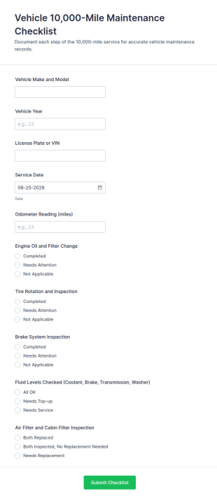 10,000 Mile Vehicle Maintenance Checklist Form Template