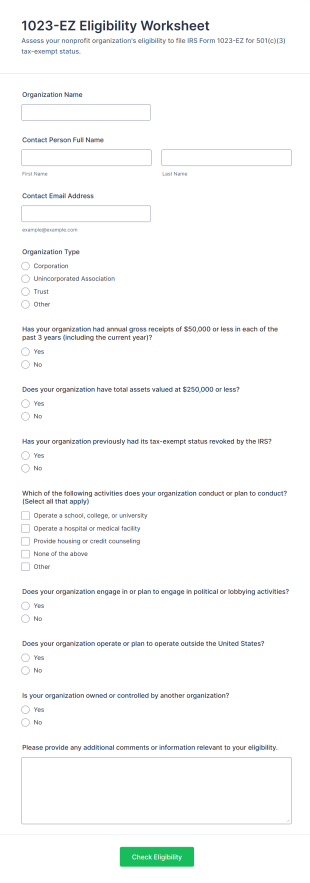 1023 EZ Eligibility Worksheet Form Template