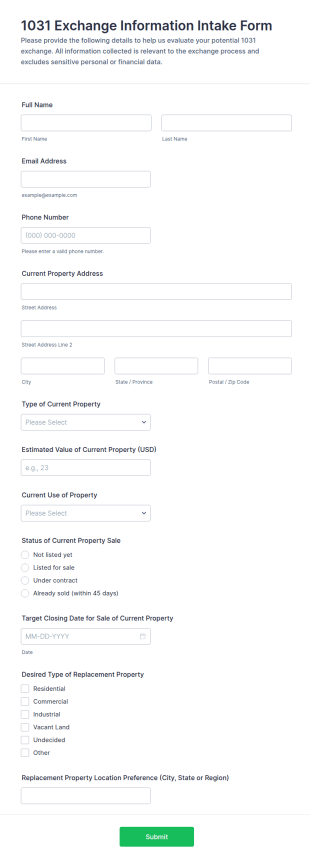 1031 Exchange Information Intake Form Template