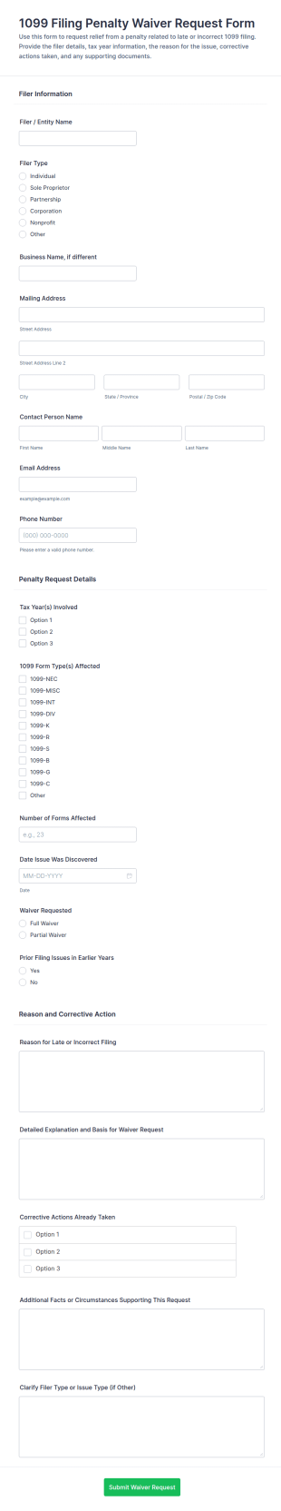 1099 Filing Penalty Waiver Request Form Template