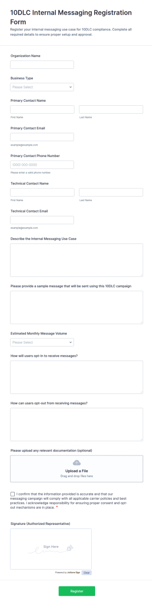 10DLC Internal Messaging Registration Form Template