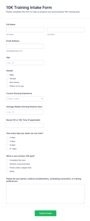 10K Training Intake Form Template