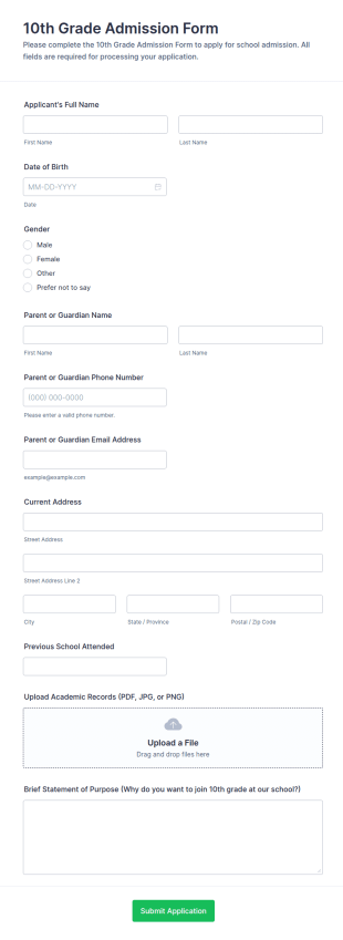 10th Grade Admission Form Template
