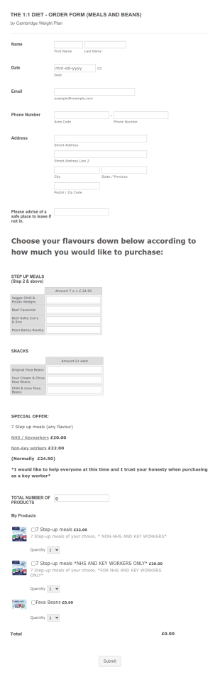 1:1 Diet Meal Order Form Template
