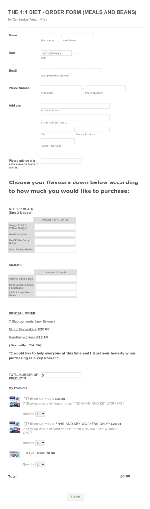 1:1 Diet Meal Order Form Template