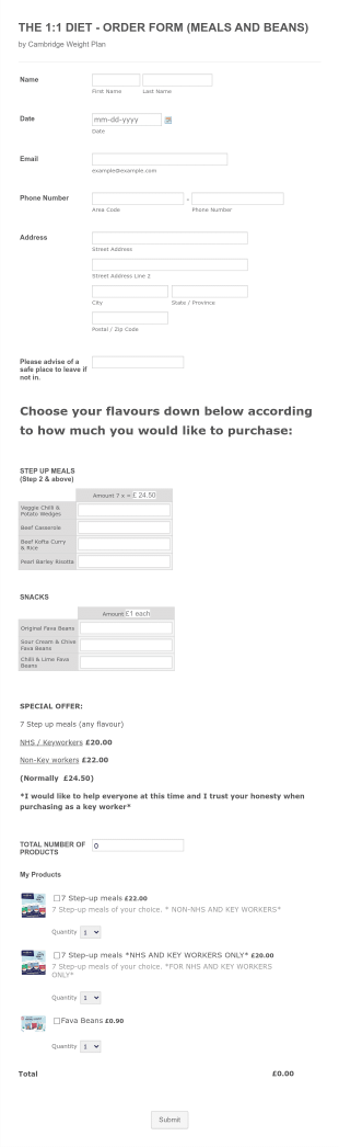 1:1 Diet Meal Order Form Template