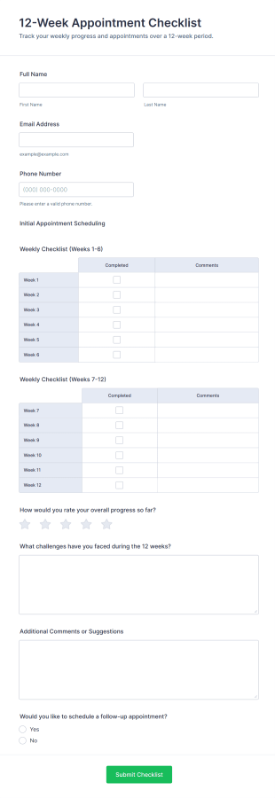 12 Week Appointment Checklist Form Template