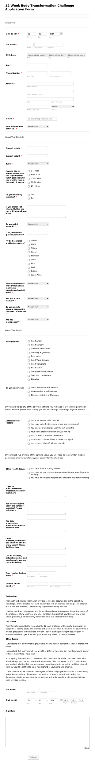 12 Week Body Transformation Challenge Application Form Template