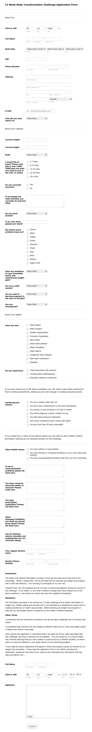12 Week Body Transformation Challenge Application Form Template