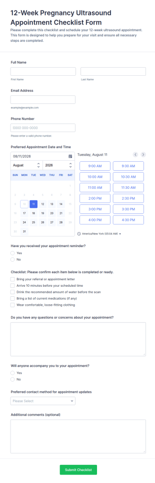 12 Week Pregnancy Ultrasound Appointment Checklist Form Template