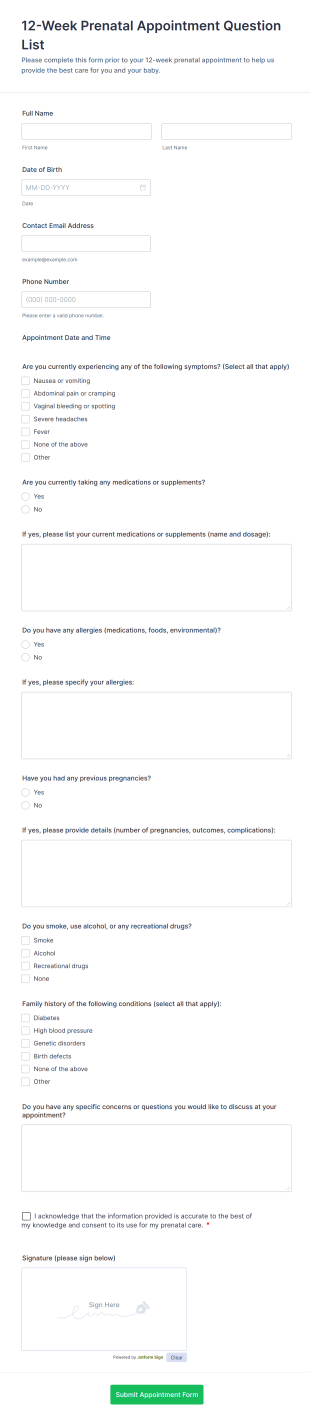 12 Week Prenatal Appointment Question List Form Template