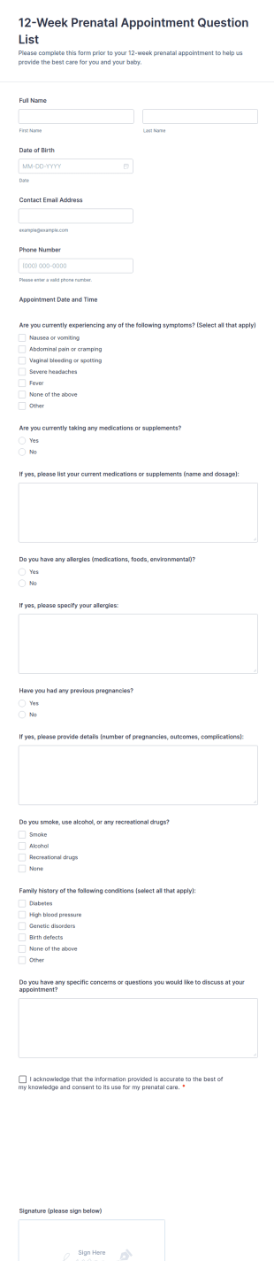 12 Week Prenatal Appointment Question List Form Template